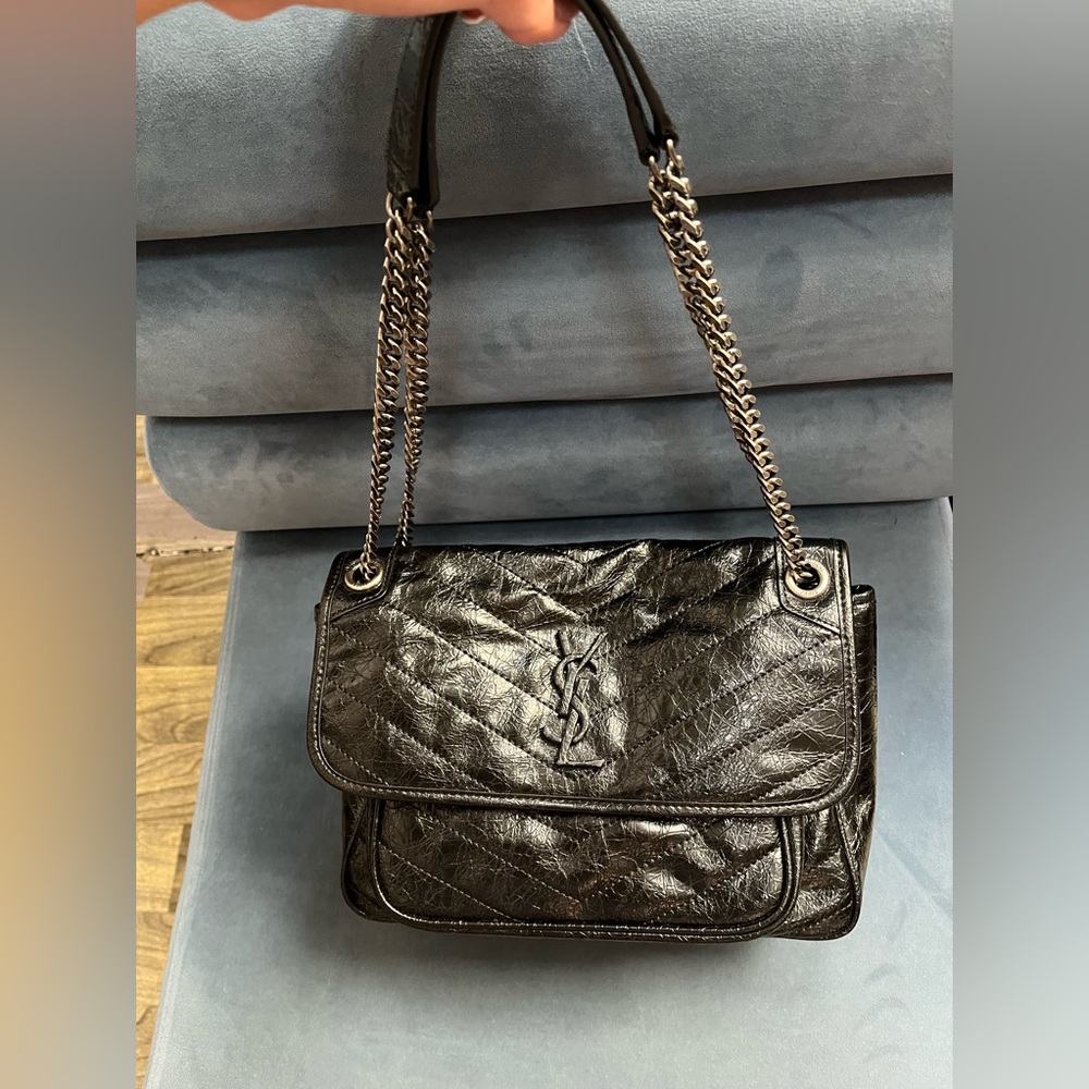 AUTHENTIC YSL CRINKLE CALF LEATHER NIKI SIZE MEDIUM BLACK BAG